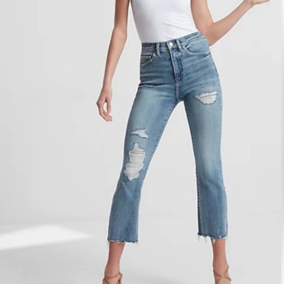 Express Denim - Express Distressed Medium Blue Flare Jeans